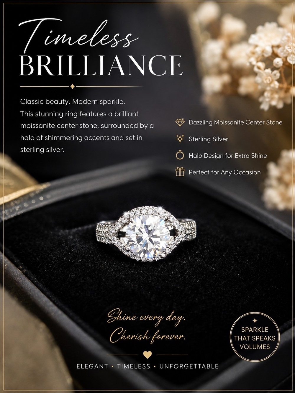 Sterling Silver Halo 2 Carot Moissanite Ring - White